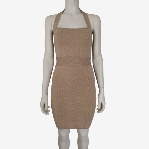Bebe Gold Chevron Metallic Mini Knit Halter Bandage Dress Size M - Picture 1 of 11